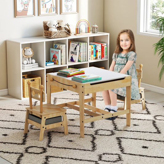 Kids Table and Chairs 4 in 1 Wooden Activity Desk Set (Bear Shape)-Grey