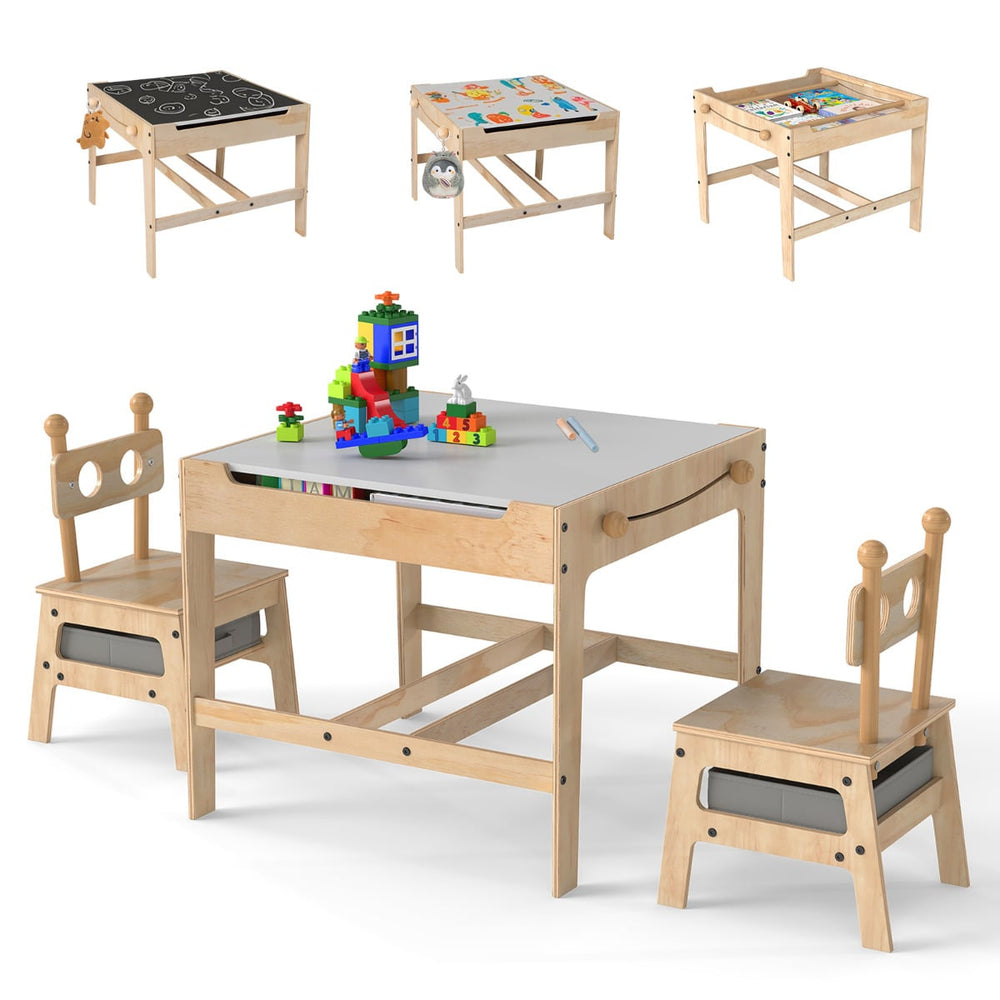 Kids Table and Chairs 4 in 1 Wooden Activity Desk Set (Bear Shape)-Grey