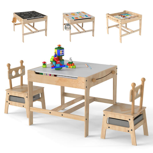Kids Table and Chairs 4 in 1 Wooden Activity Desk Set (Bear Shape)-Grey