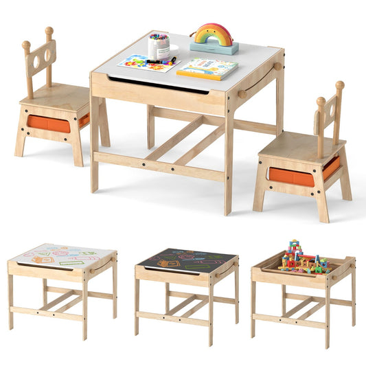 Kids Table and Chairs 4 in 1 Wooden Activity Desk Set (Bear Shape)-Natural