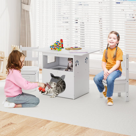 Kids Table and Chairs Set 3 Pieces Wooden Children Furniture with Cat House-White