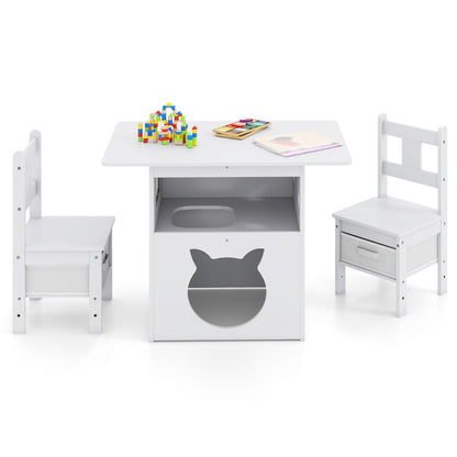 Kids Table and Chairs Set 3 Pieces Wooden Children Furniture with Cat House-White