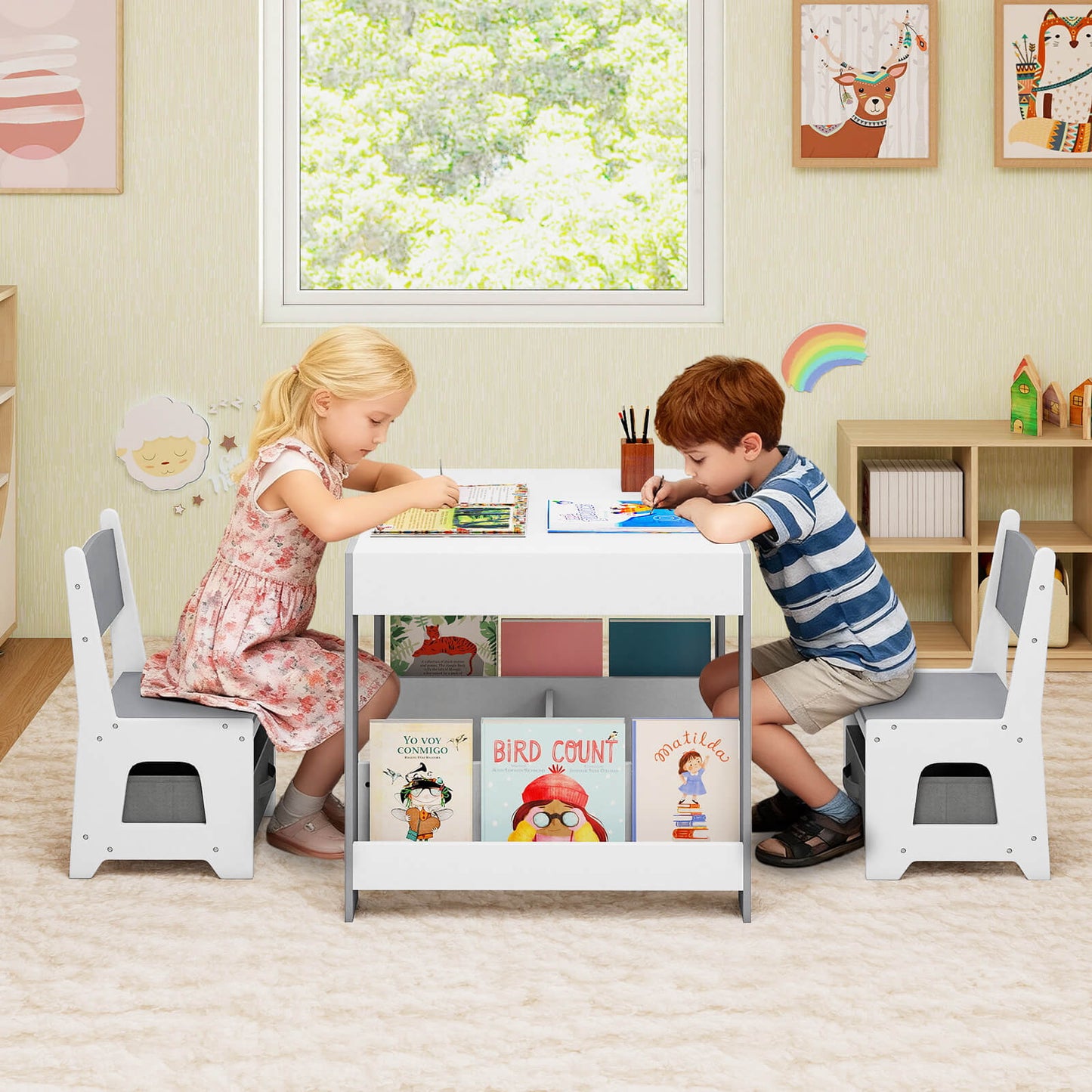 Kids Table and Chairs Set Toddler Wooden Activity Desk-Grey