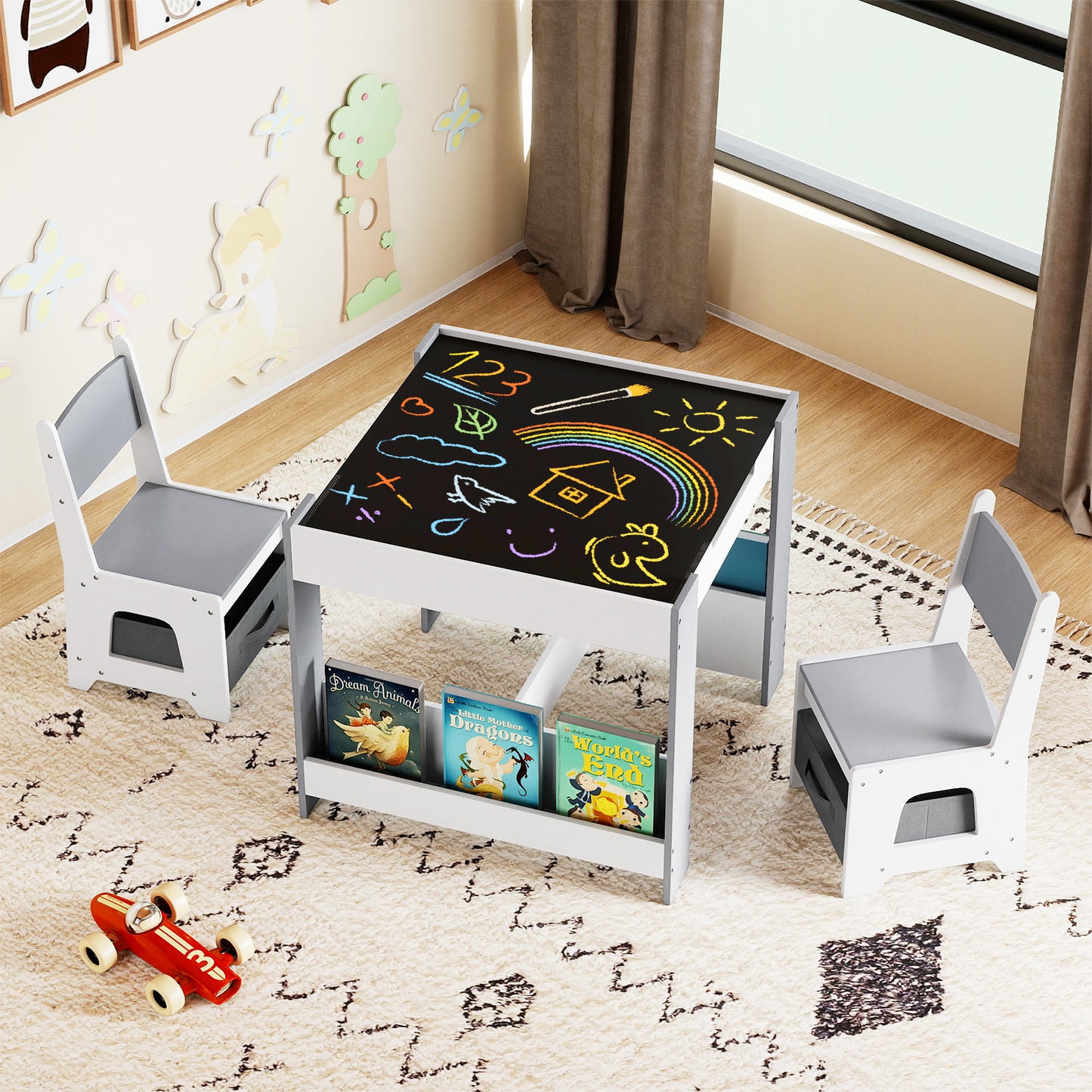 Kids Table and Chairs Set Toddler Wooden Activity Desk-Grey