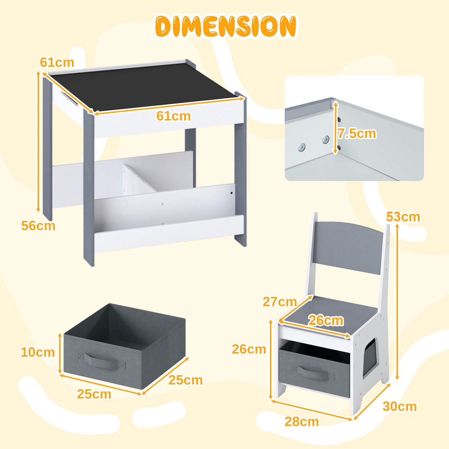 Kids Table and Chairs Set Toddler Wooden Activity Desk-Grey