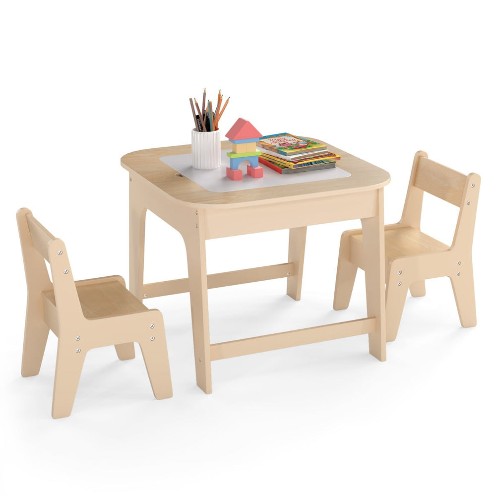Kids Table and Chairs Set with Double-Sided Tabletop and Hidden Storage-Walnut