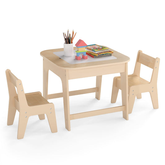 Kids Table and Chairs Set with Double-Sided Tabletop and Hidden Storage-Walnut