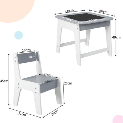 Kids Table and Chairs Set with Double-Sided Tabletop and Hidden Storage-Grey