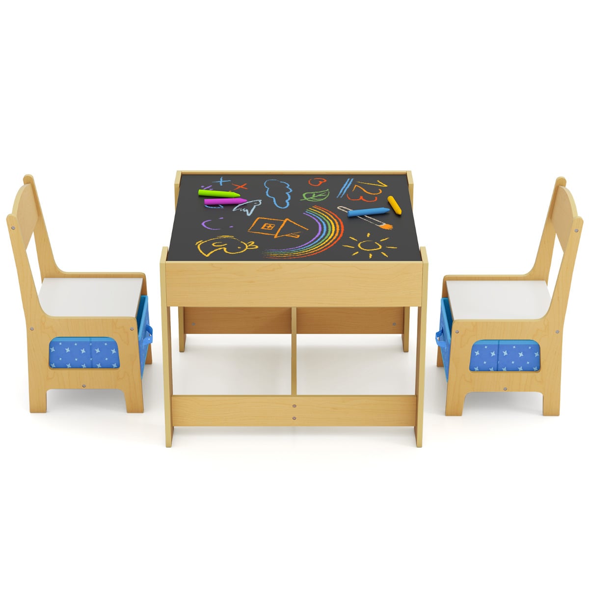 Kids Table Chair Set with Double Side Tabletop Table and Storage Box-Blue
