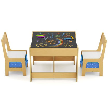 Kids Table Chair Set with Double Side Tabletop Table and Storage Box-Blue