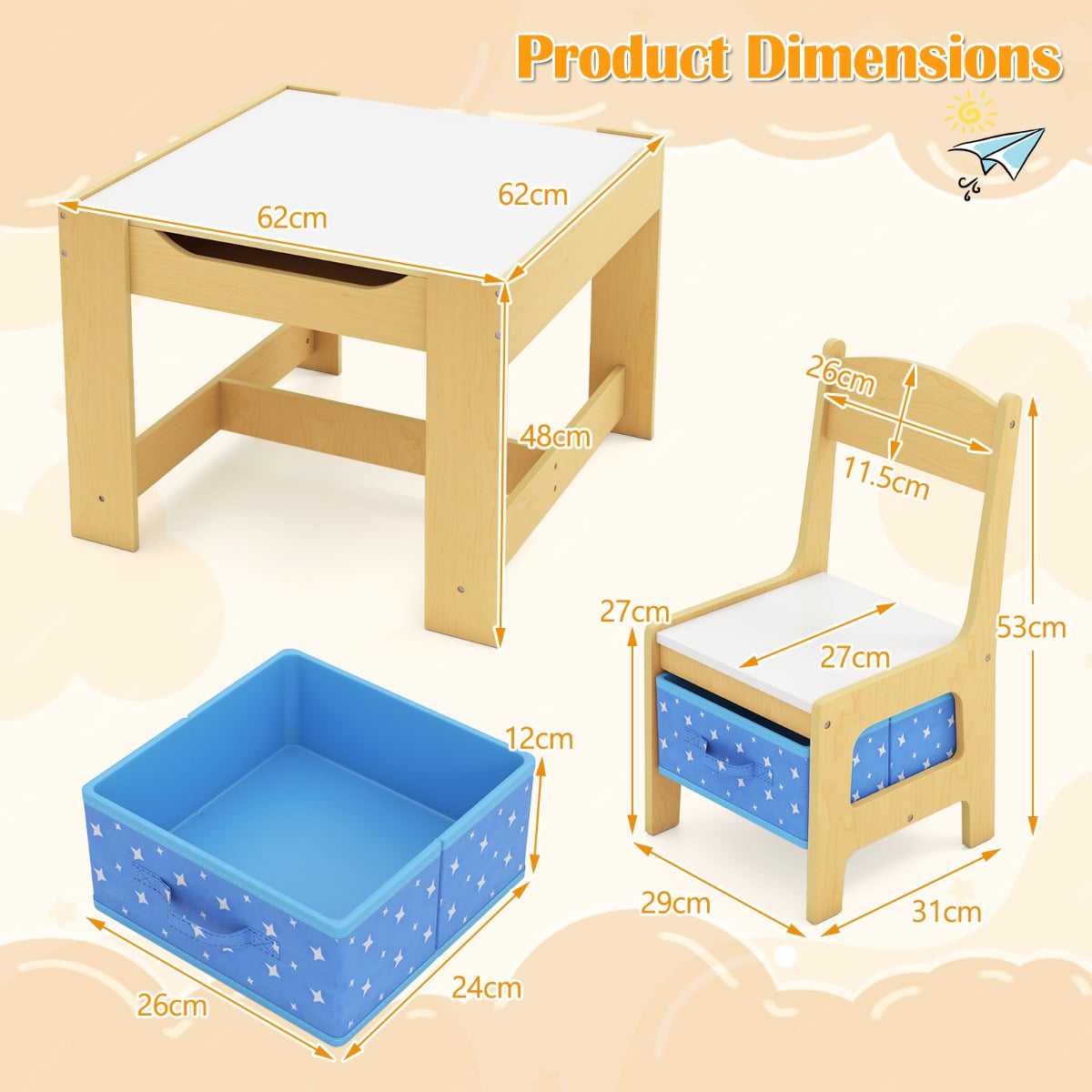 Kids Table Chair Set with Double Side Tabletop Table and Storage Box-Blue
