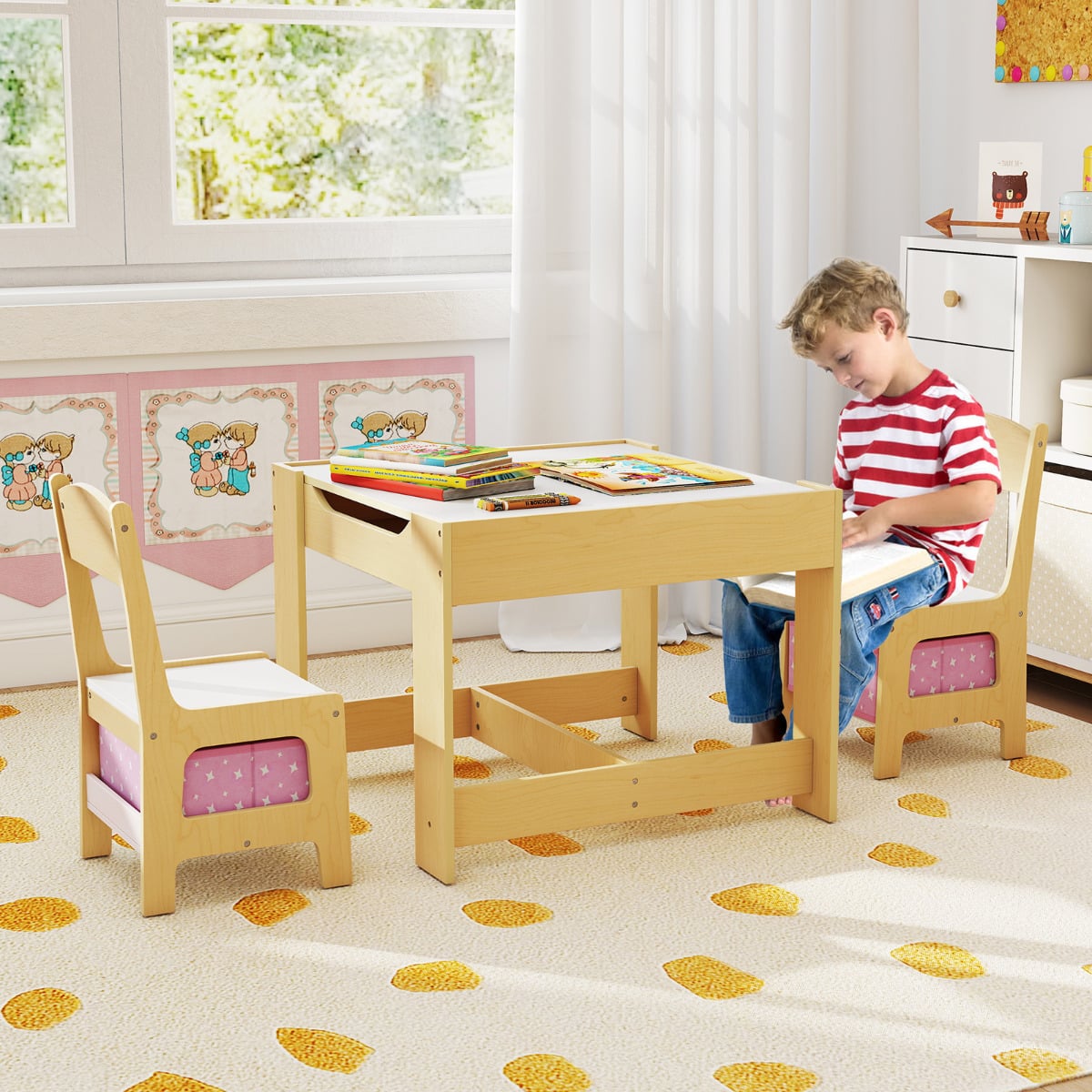 Kids Table Chair Set with Double Side Tabletop Table and Storage Box-Light Pink
