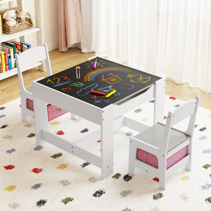 Kids Table Chair Set with Double Side Tabletop Table and Storage Box-Pink & Grey