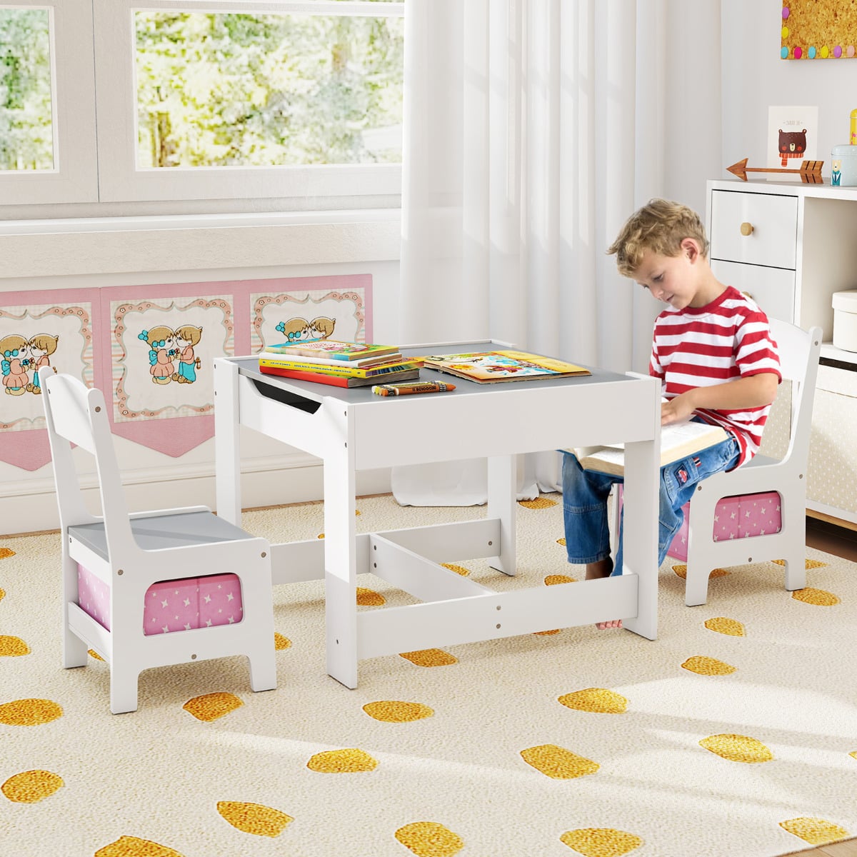 Kids Table Chair Set with Double Side Tabletop Table and Storage Box-Pink & Grey