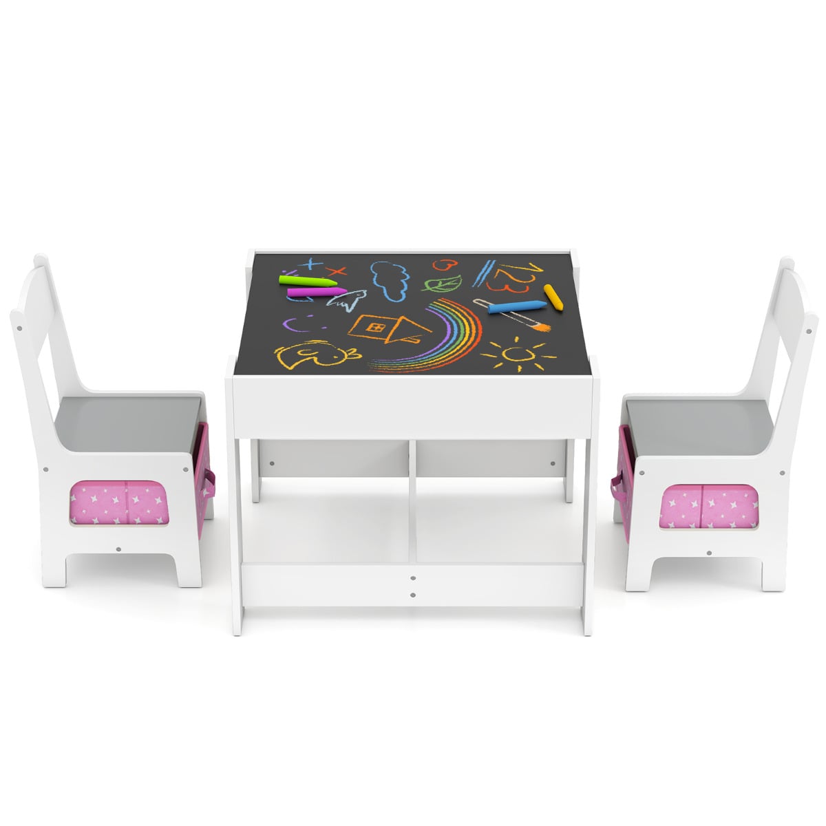 Kids Table Chair Set with Double Side Tabletop Table and Storage Box-Pink & Grey