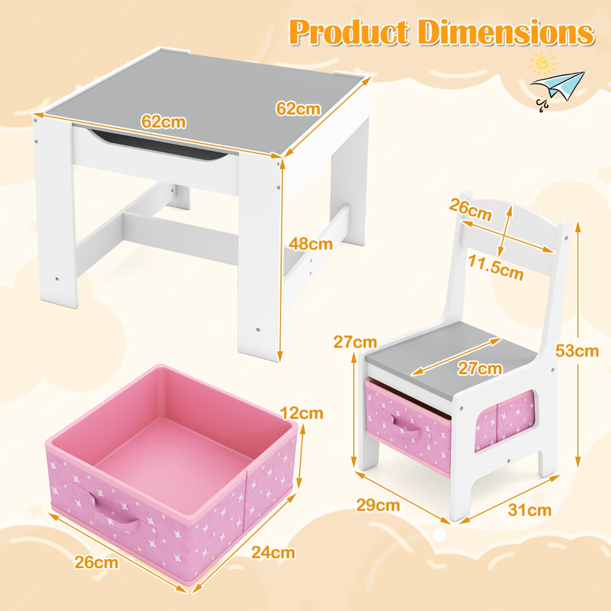 Kids Table Chair Set with Double Side Tabletop Table and Storage Box-Pink & Grey