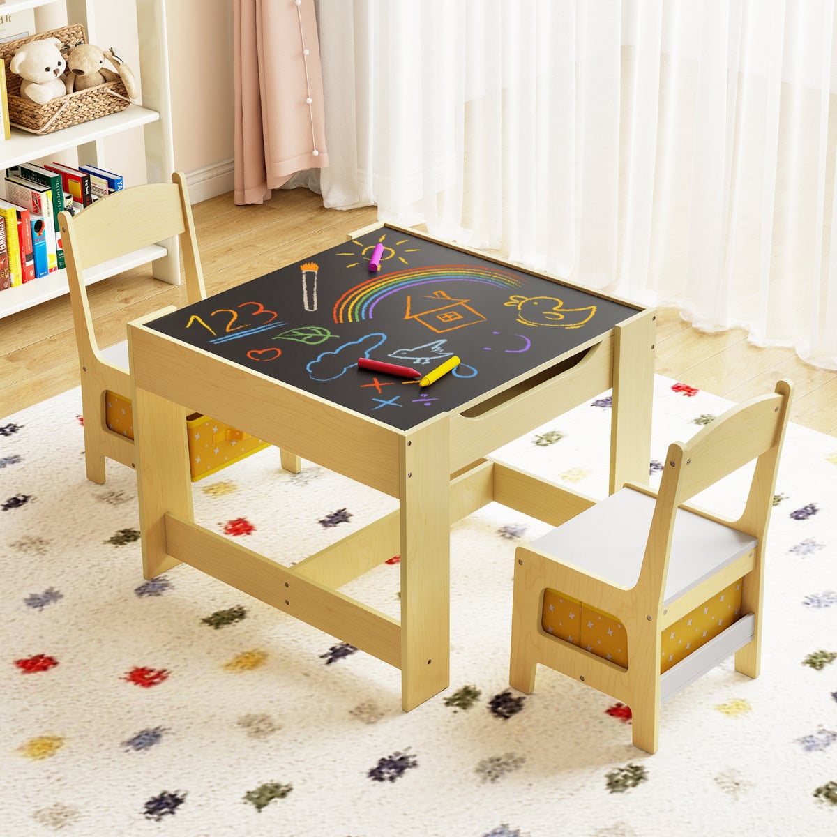 Kids Table Chair Set with Double Side Tabletop Table and Storage Box-Natural