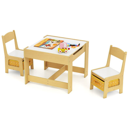 Kids Table Chair Set with Double Side Tabletop Table and Storage Box-Natural