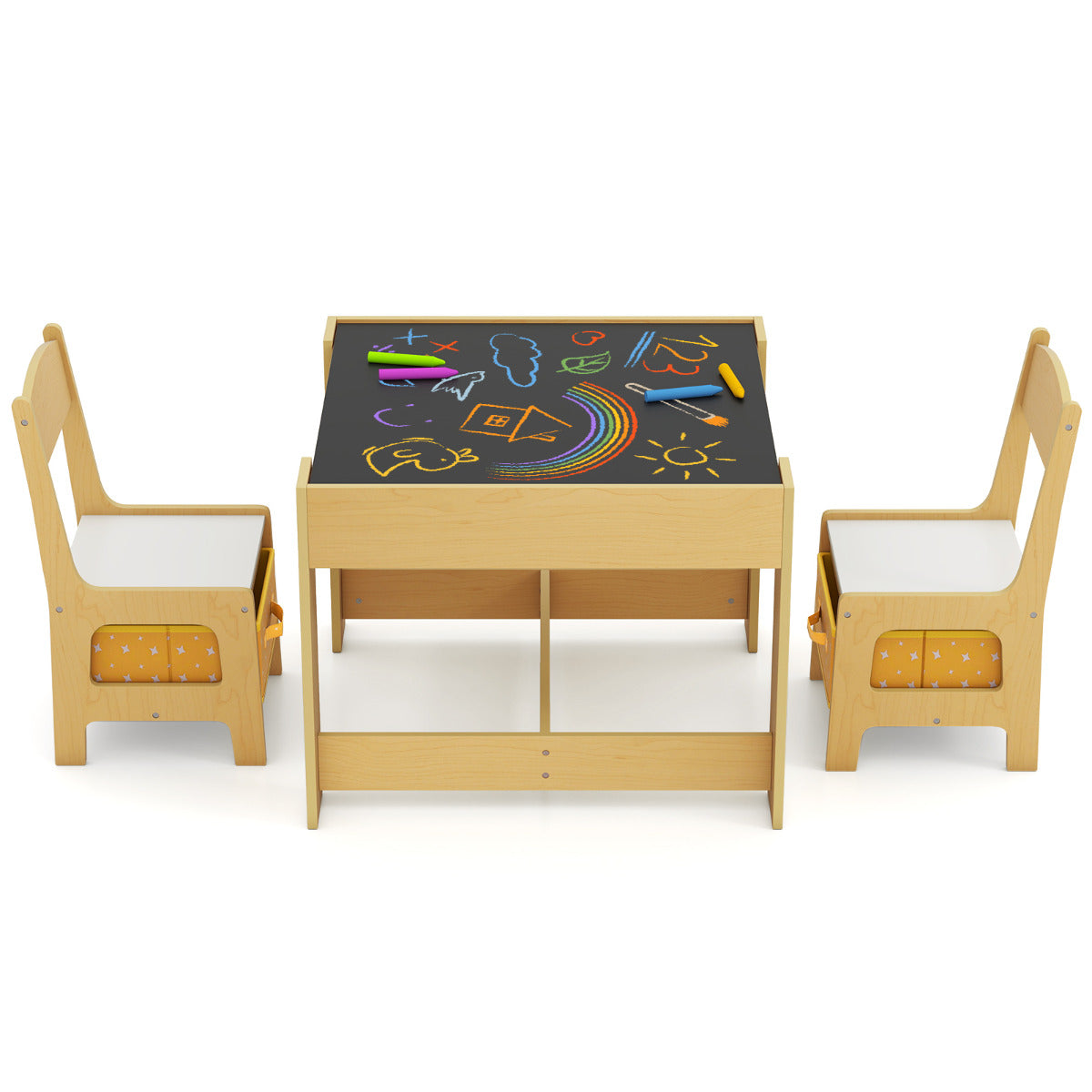 Kids Table Chair Set with Double Side Tabletop Table and Storage Box-Natural