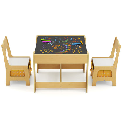 Kids Table Chair Set with Double Side Tabletop Table and Storage Box-Natural