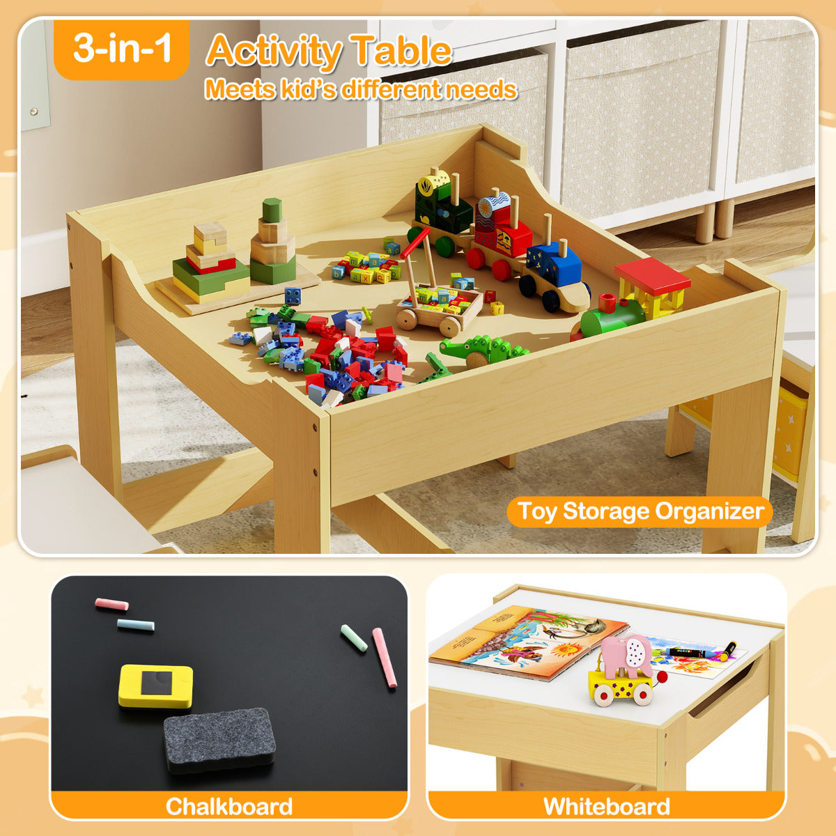 Kids Table Chair Set with Double Side Tabletop Table and Storage Box-Natural