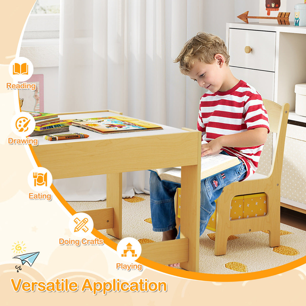 Kids Table Chair Set with Double Side Tabletop Table and Storage Box-Natural