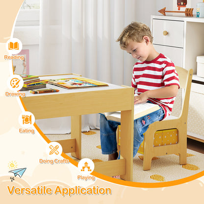 Kids Table Chair Set with Double Side Tabletop Table and Storage Box-Natural