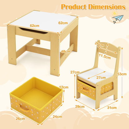 Kids Table Chair Set with Double Side Tabletop Table and Storage Box-Natural