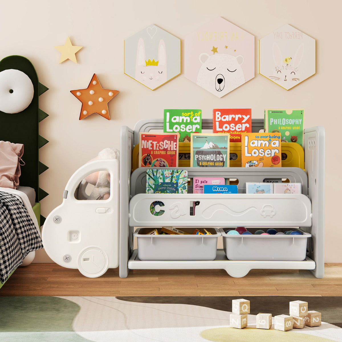 Kids Toy Storage and Bookshelf Car Themed Toy Storage Cabinet