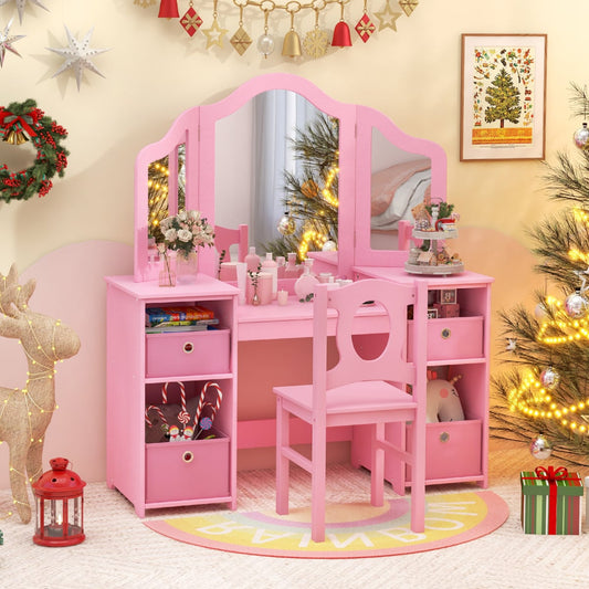 Kids Vanity Desk and Chair 2 in 1 Toddler Makeup Pretend Play Table-Pink