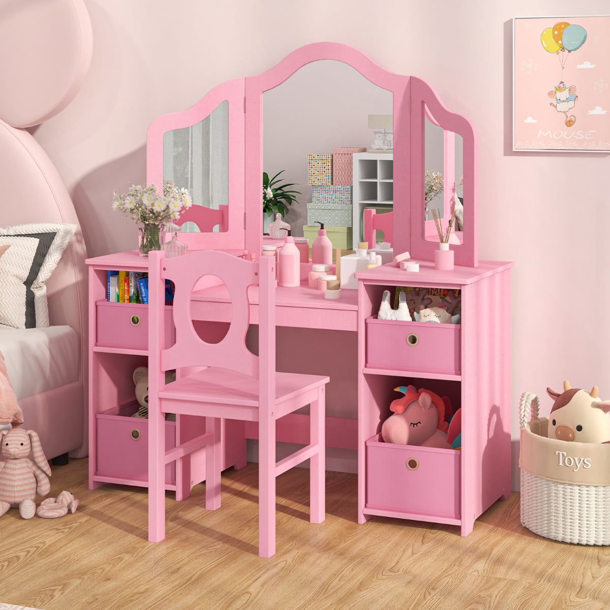 Kids Vanity Desk and Chair 2 in 1 Toddler Makeup Pretend Play Table-Pink