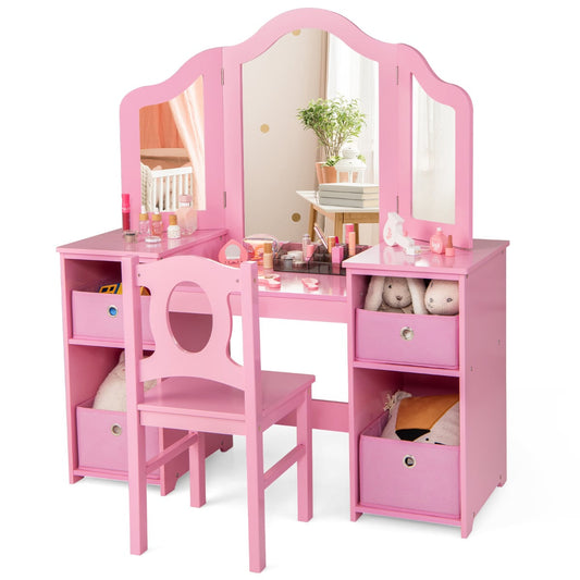 Kids Vanity Desk and Chair 2 in 1 Toddler Makeup Pretend Play Table-Pink