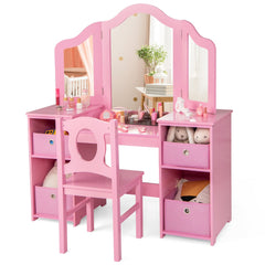 Kids Vanity Desk and Chair 2 in 1 Toddler Makeup Pretend Play Table-Pink