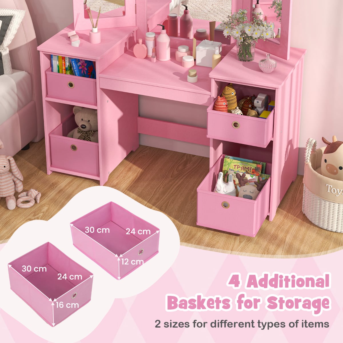 Kids Vanity Desk and Chair 2 in 1 Toddler Makeup Pretend Play Table-Pink