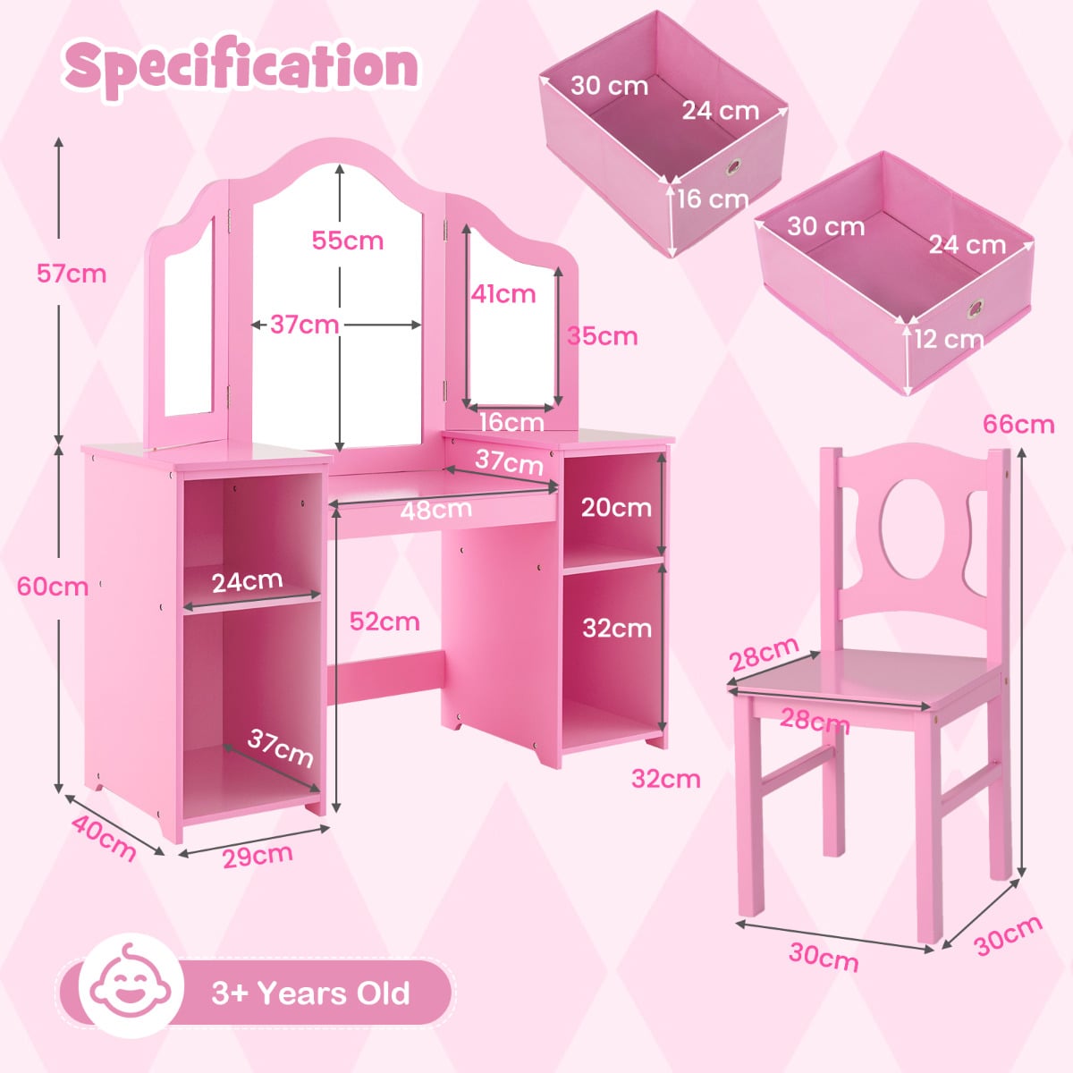 Kids Vanity Desk and Chair 2 in 1 Toddler Makeup Pretend Play Table-Pink