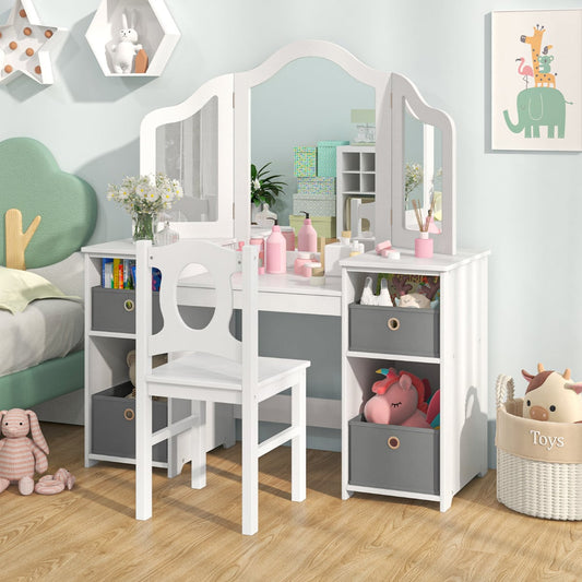 Kids Vanity Desk &amp; Chair 2 in 1 Toddler Makeup Pretend Play Table-White