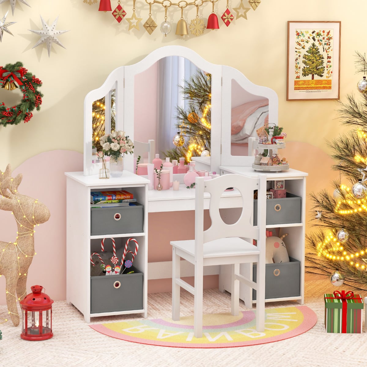 Kids Vanity Desk &amp; Chair 2 in 1 Toddler Makeup Pretend Play Table-White