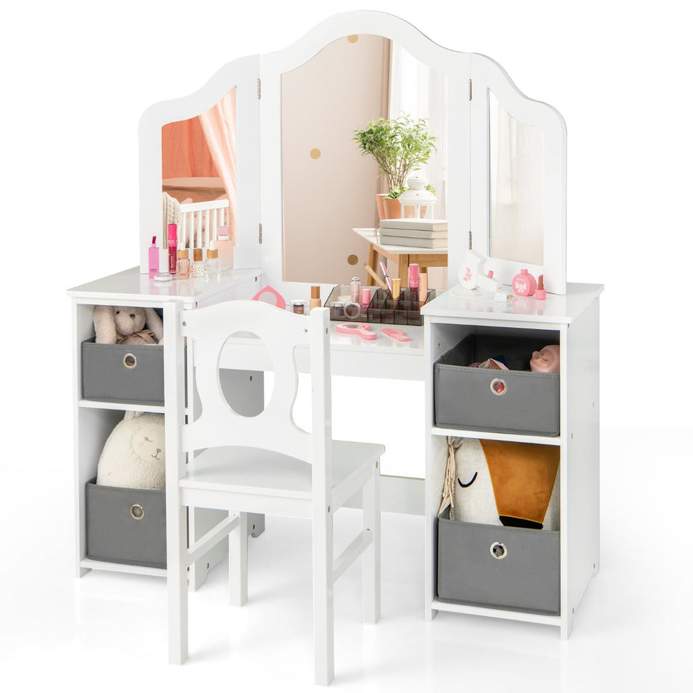 Kids Vanity Desk &amp; Chair 2 in 1 Toddler Makeup Pretend Play Table-White