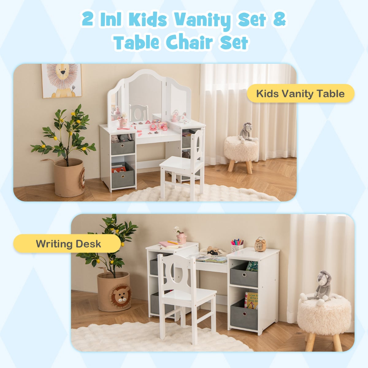 Kids Vanity Desk &amp; Chair 2 in 1 Toddler Makeup Pretend Play Table-White