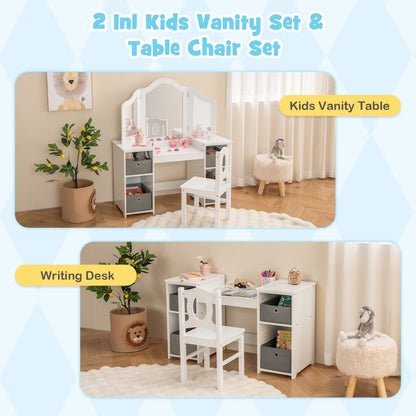 Kids Vanity Desk &amp; Chair 2 in 1 Toddler Makeup Pretend Play Table-White