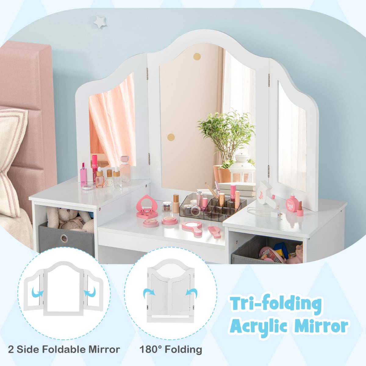 Kids Vanity Desk &amp; Chair 2 in 1 Toddler Makeup Pretend Play Table-White