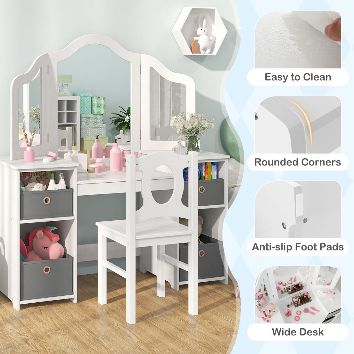 Kids Vanity Desk &amp; Chair 2 in 1 Toddler Makeup Pretend Play Table-White