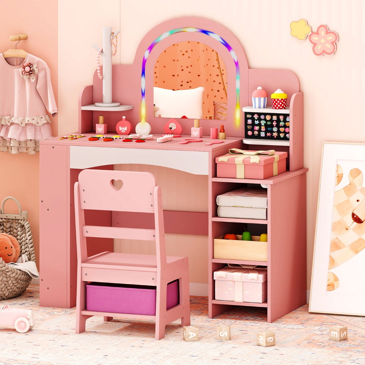 Kids Vanity Desk with Mirror and Open Storage Shelves-Pink