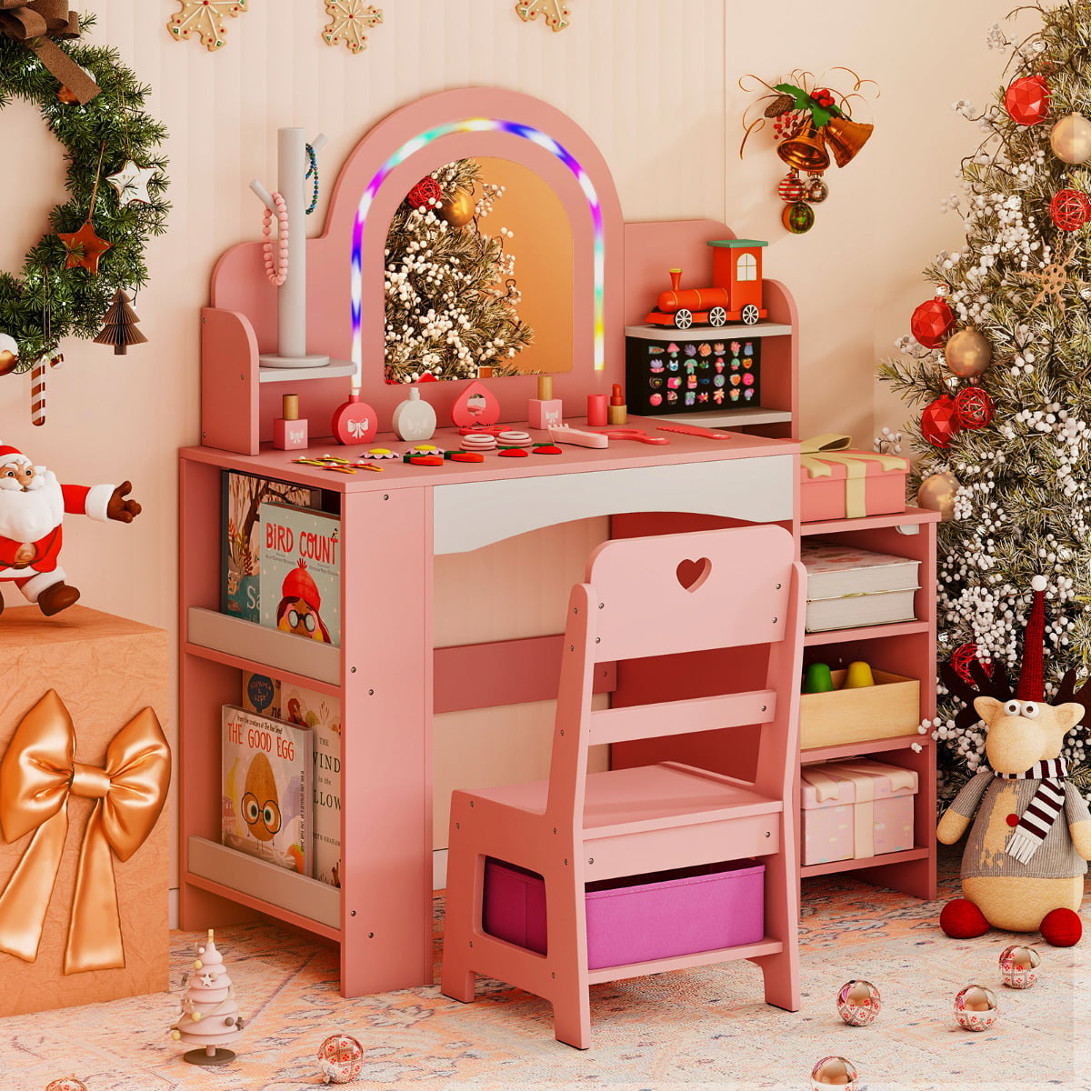 Kids Vanity Desk with Mirror and Open Storage Shelves-Pink