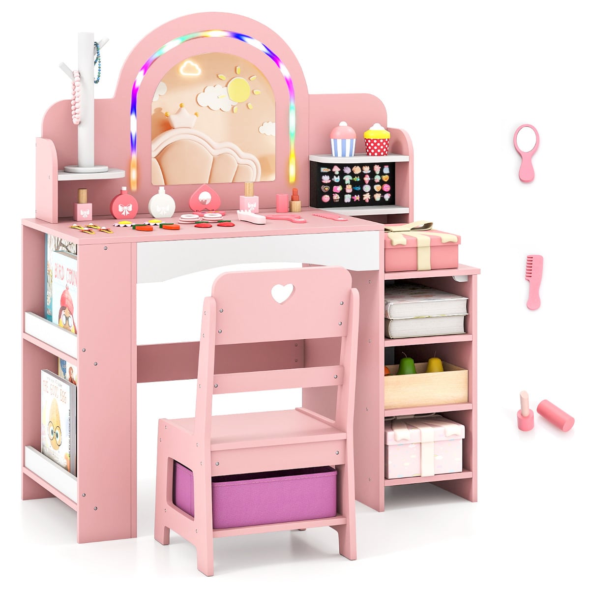 Kids Vanity Desk with Mirror and Open Storage Shelves-Pink