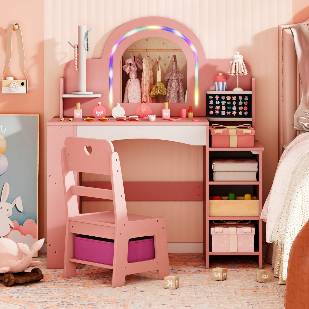 Kids Vanity Desk with Mirror and Open Storage Shelves-Pink