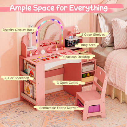 Kids Vanity Desk with Mirror and Open Storage Shelves-Pink