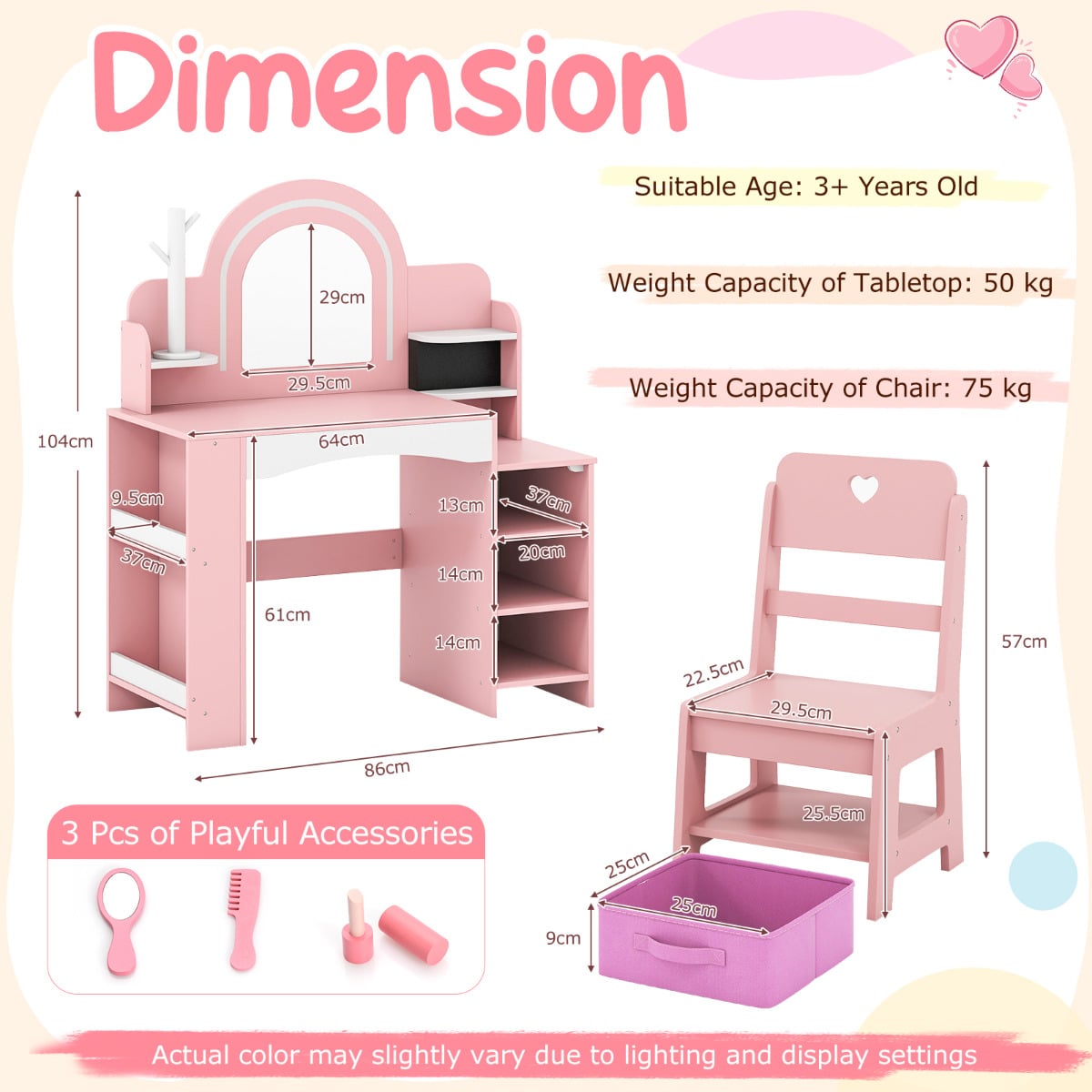 Kids Vanity Desk with Mirror and Open Storage Shelves-Pink