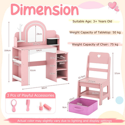 Kids Vanity Desk with Mirror and Open Storage Shelves-Pink