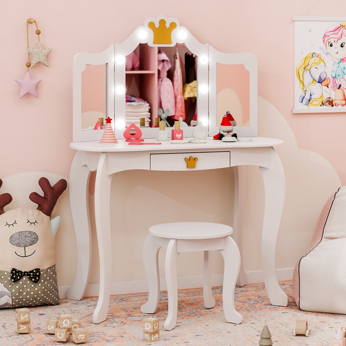 Kids Vanity Set with Lighted Mirror and Adjustable Brightness Pull-out Drawer and Stool-White